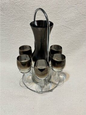 Smoked Glass Carafe and Six Stemmed Liqueur Glasses with Chrome Stand